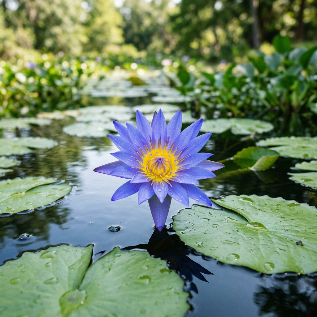 Blue water lily flower emerging from pond surrounded by green lily pads